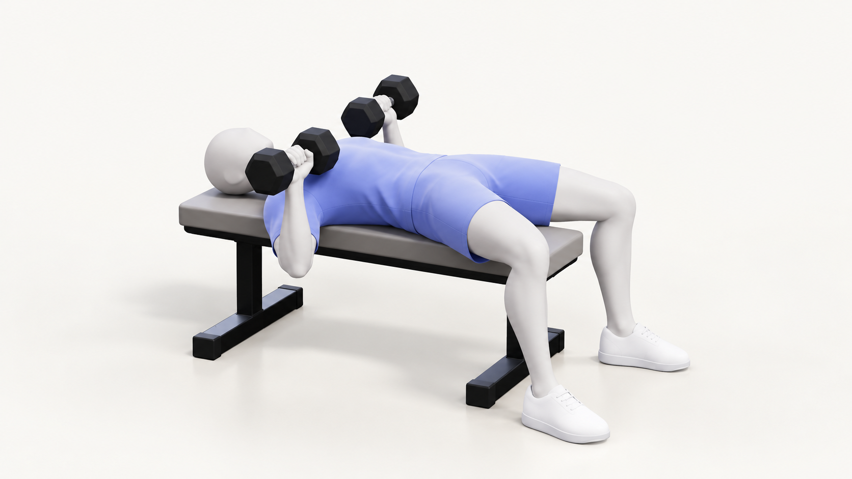 Blue mannequin at the lowered position, elbows below the bench