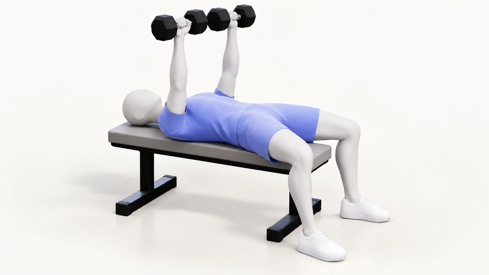 Blue mannequin at the top of the dumbbell press