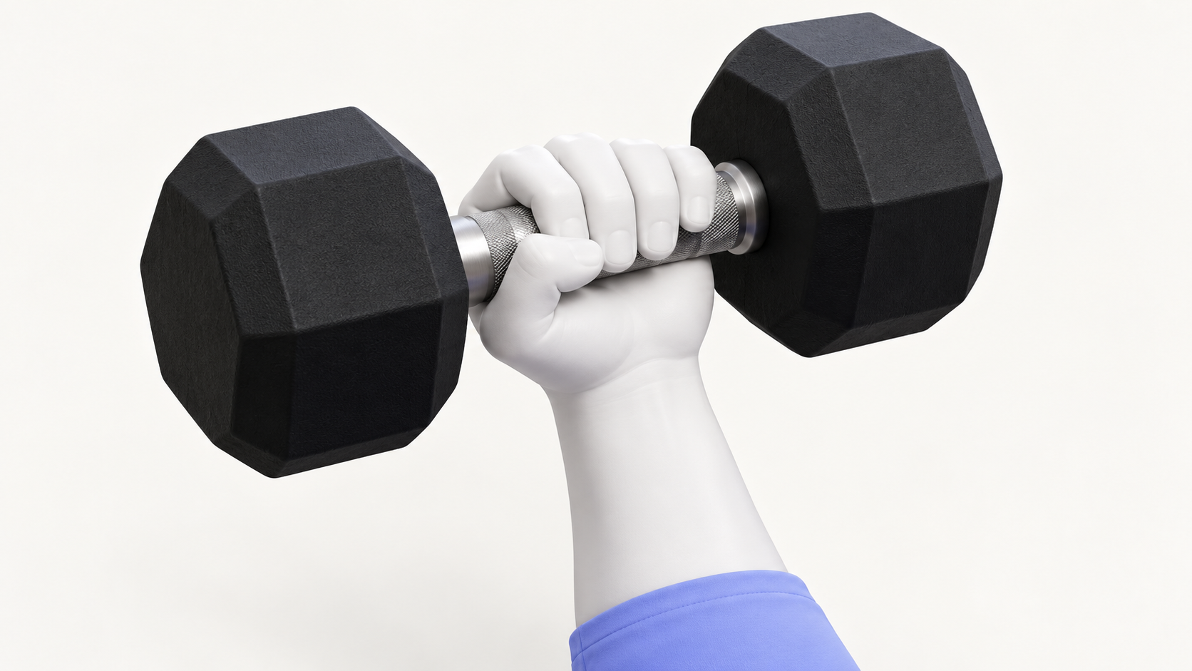 Close-up of a closed mannequin hand grip around a metal dumbbell handle